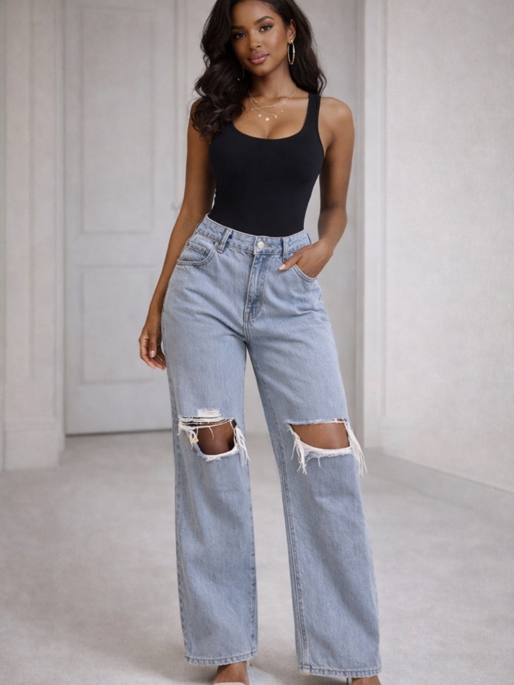 Fashion Nova Light Blue Straight Leg Distressed Jeans